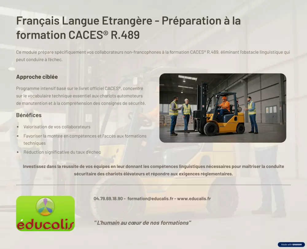 educalis formation FLE francais langue etrangere CACES 1 3 5 manutention cariste