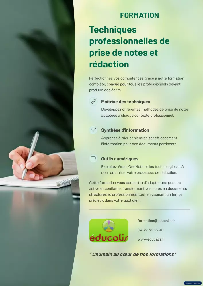 educalis formation ecrits professionnels redaction prises de notes documents internes pro communication efficace adaptee